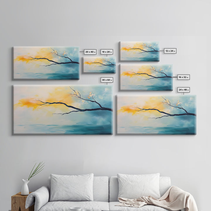 Cherry blossom painting, coastal decor, framed canvas print, minimalist art, abstract landscape, extra wide art, horizontal wall art