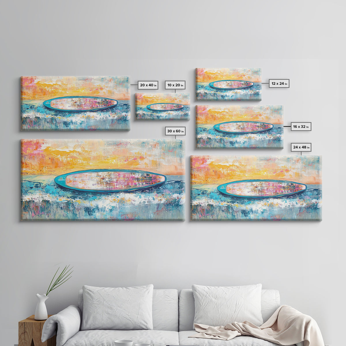 Coastal wall art, surf wall art, framed canvas print, extra wide art, nautical decor, vibrant painting, panoramic art, tropical art