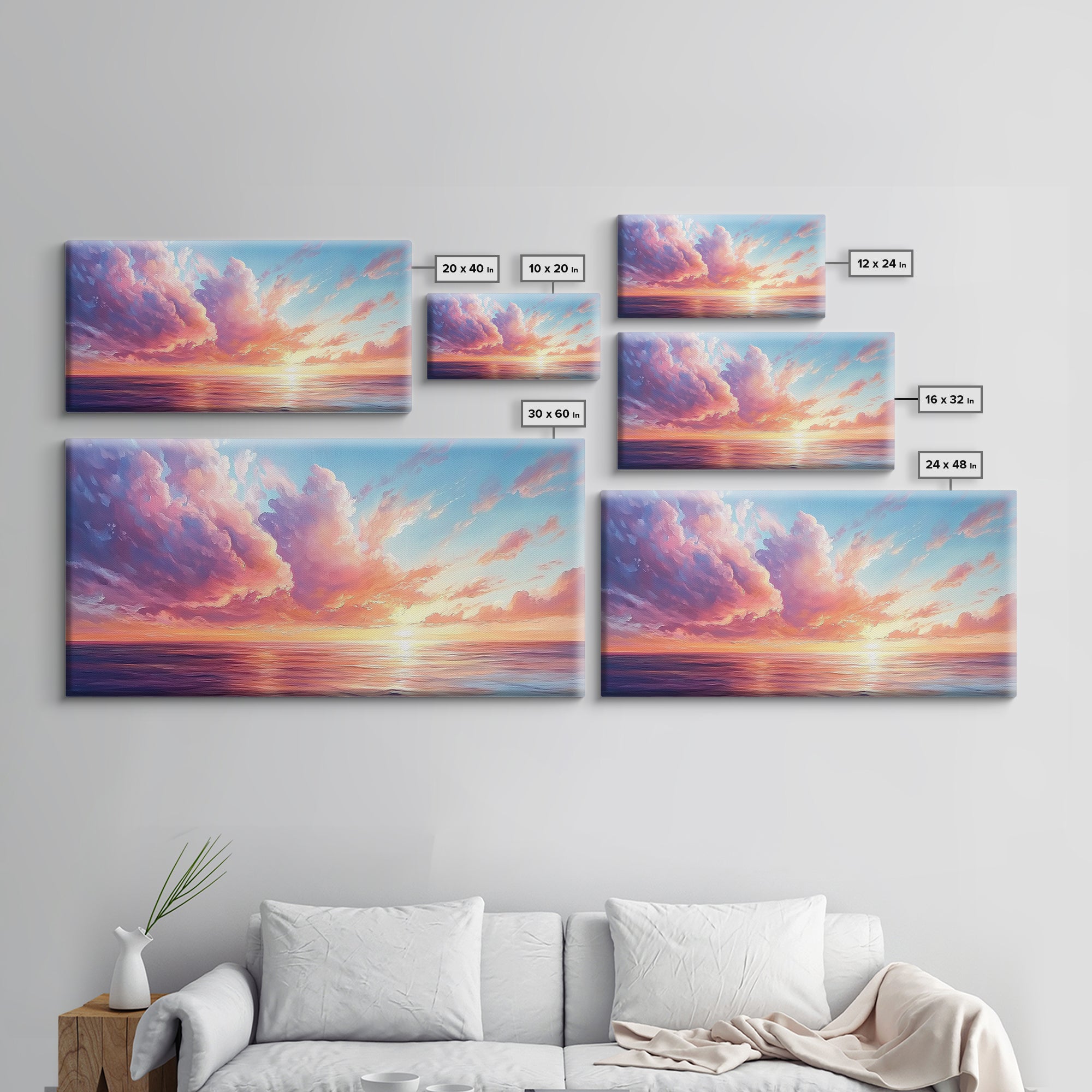 Seascape painting, framed canvas print, extra wide art, sunset painting, panoramic wall art, ocean waves, nautical wall art