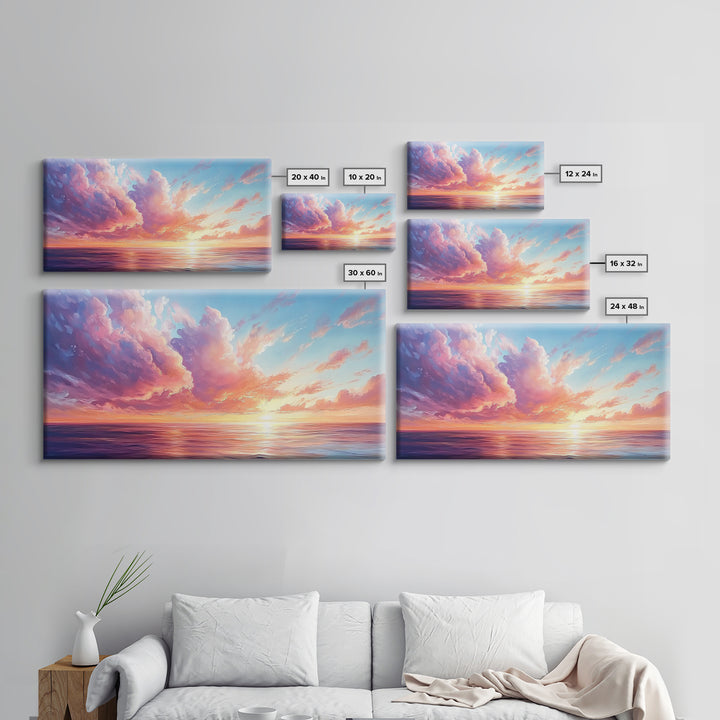Seascape painting, framed canvas print, extra wide art, sunset painting, panoramic wall art, ocean waves, nautical wall art