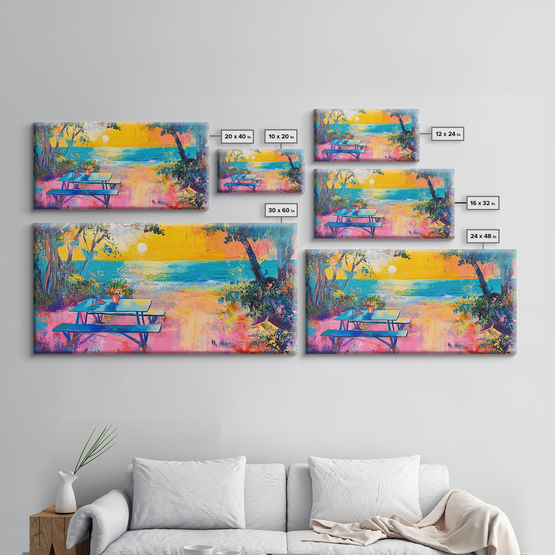 Coastal landscape art, framed canvas print, extra wide art, vibrant sunset painting, tropical beach decor, ocean waves, panoramic art
