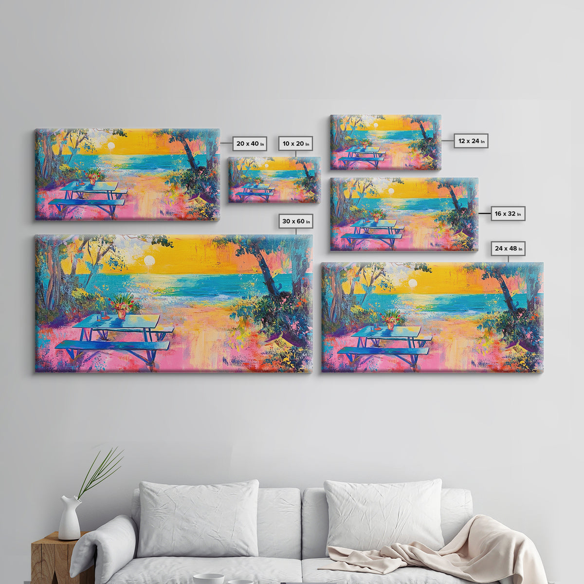 Coastal landscape art, framed canvas print, extra wide art, vibrant sunset painting, tropical beach decor, ocean waves, panoramic art