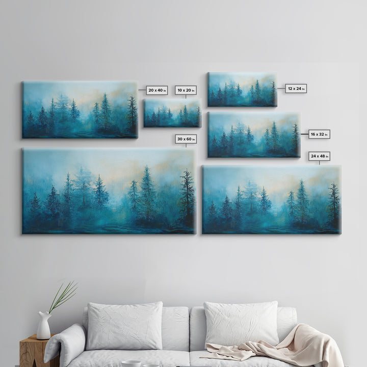 Pine tree art, smoky mountain art, framed canvas print, misty forest painting, rustic wall art, extra wide art, moody landscape