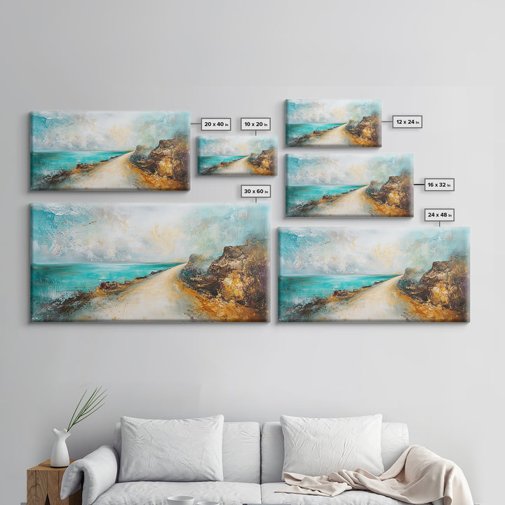 Coastal decor, framed canvas print, extra wide art, nautical wall art, beach road painting, rustic landscape, panoramic art