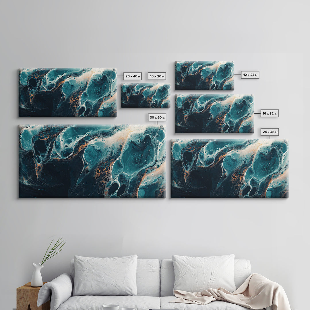 Abstract Fluid Art, moody art, blue and green wall art, wabi sabi art, extra wide art, horizontal wall art, Canvas Print