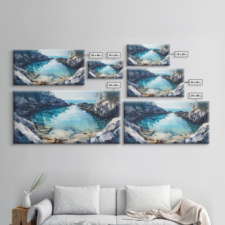 Rocky Coastal Cove, Maine oil painting, nautical decor, seascape painting, extra wide art, above bed wall art, Canvas Print