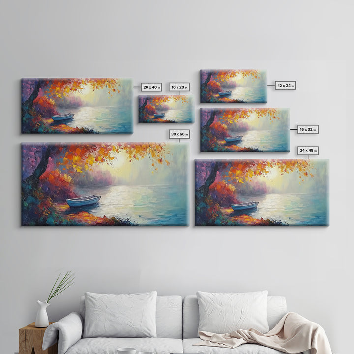 Autumn Lake Scene, landscape painting, fall wall art, framed canvas print, rustic decor, above sofa art, moody art, extra wide art