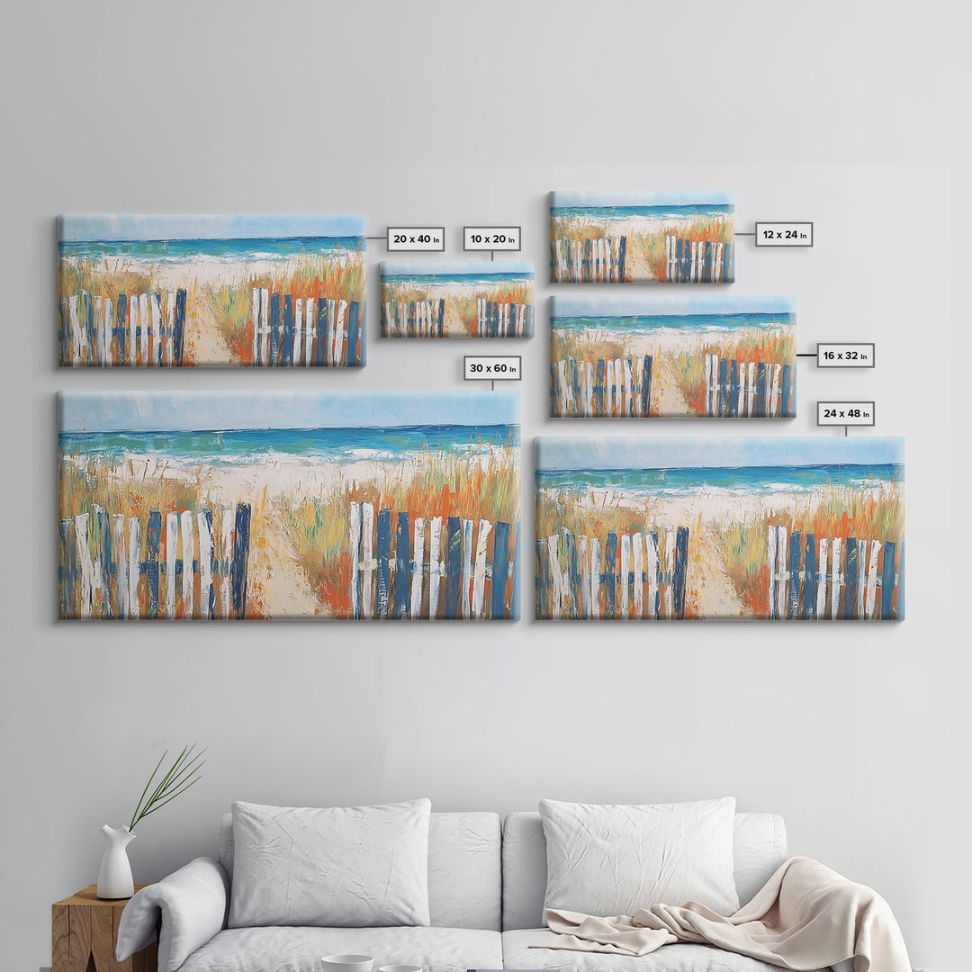 Beach Fence, coastal painting, framed canvas print, nautical decor, seascape painting, blue and green wall art, extra wide art