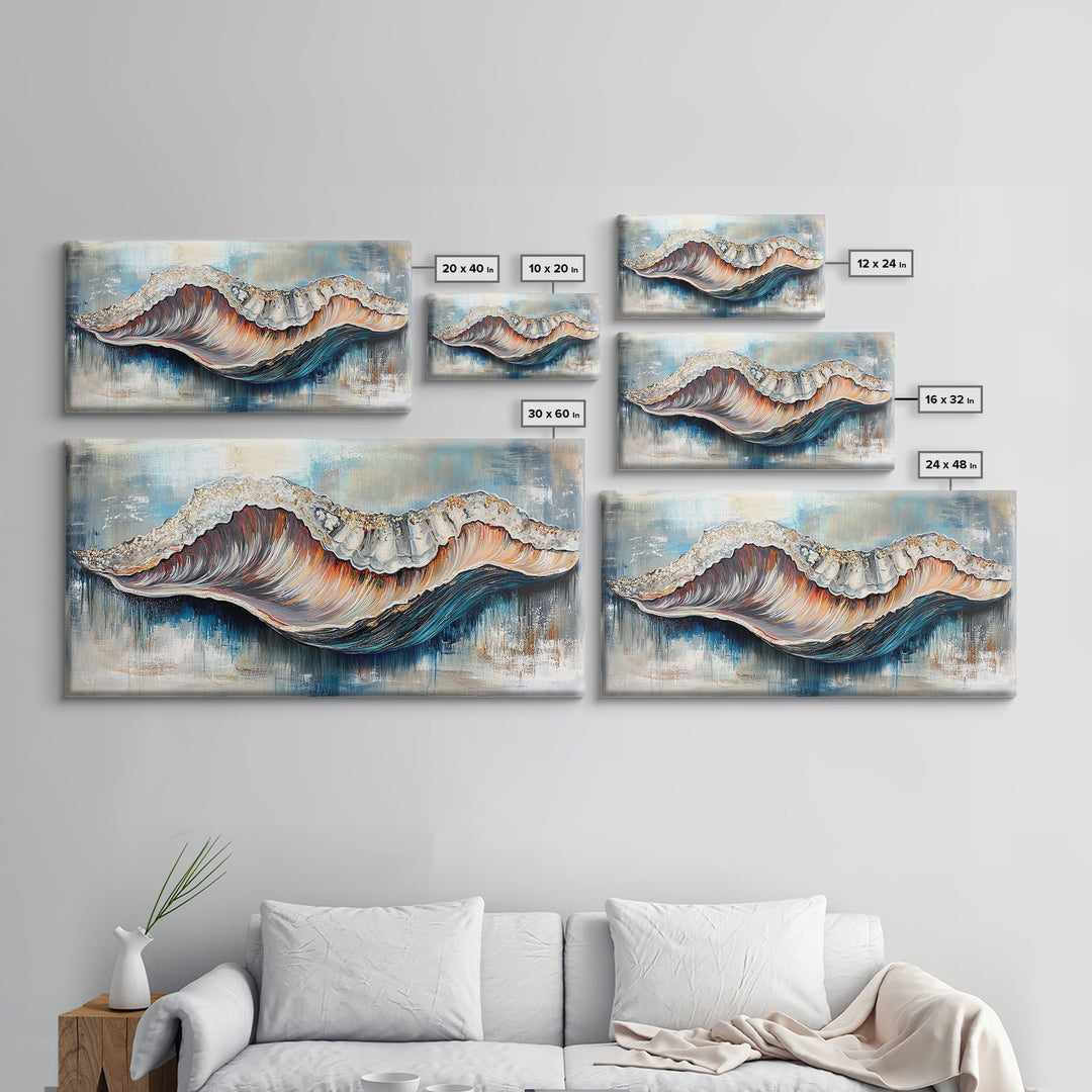 Oyster Shell, coastal painting, framed canvas print, nautical decor, oyster wall art, blue and green wall art, extra wide art