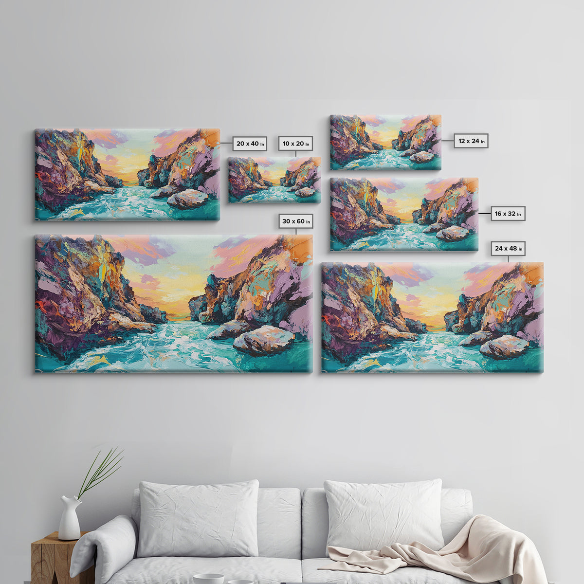 Coastal Canyon Sunset, panoramic painting, extra wide art, framed canvas print, seascape painting, southwest wall art