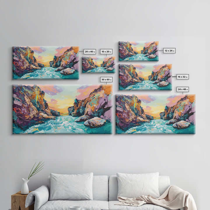 Coastal Canyon Sunset, panoramic painting, extra wide art, framed canvas print, seascape painting, southwest wall art