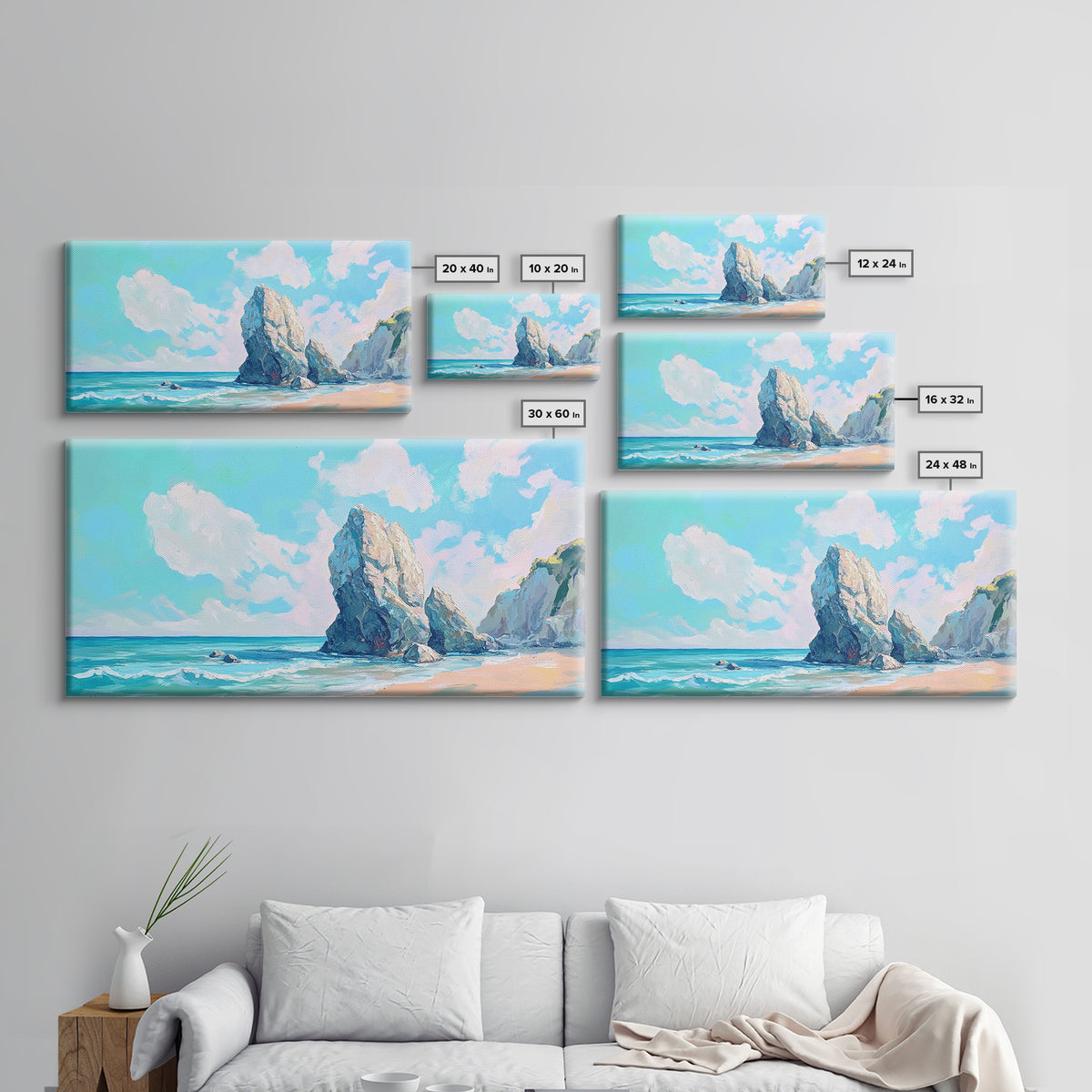 Coastal Rock Formations, beach painting, framed canvas print, coastal wall art, nautical decor, seascape painting, extra wide art