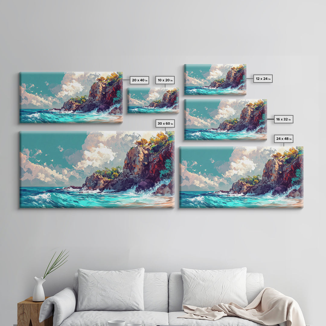 Rocky Cliff Beach, coastal landscape art, framed canvas print, seascape painting, nautical decor, extra wide art, above couch art