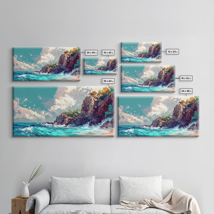 Rocky Cliff Beach, coastal landscape art, framed canvas print, seascape painting, nautical decor, extra wide art, above couch art