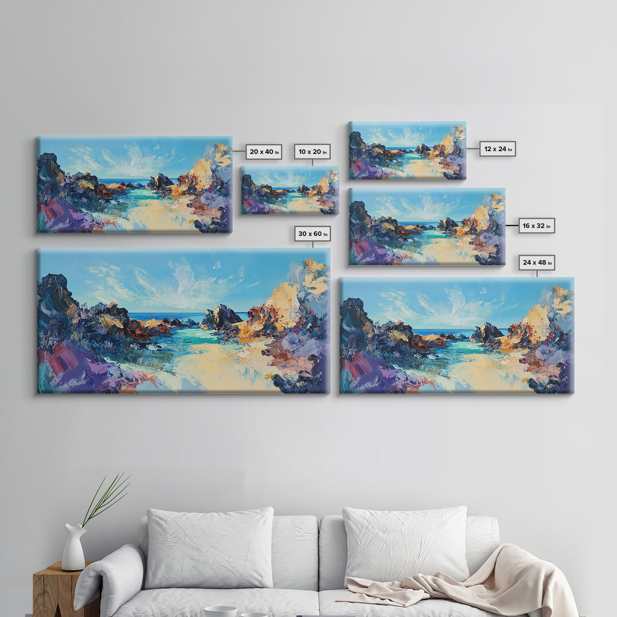 Rocky Seascape Panorama, framed canvas print, extra wide art, seascape painting, above couch art, nautical painting