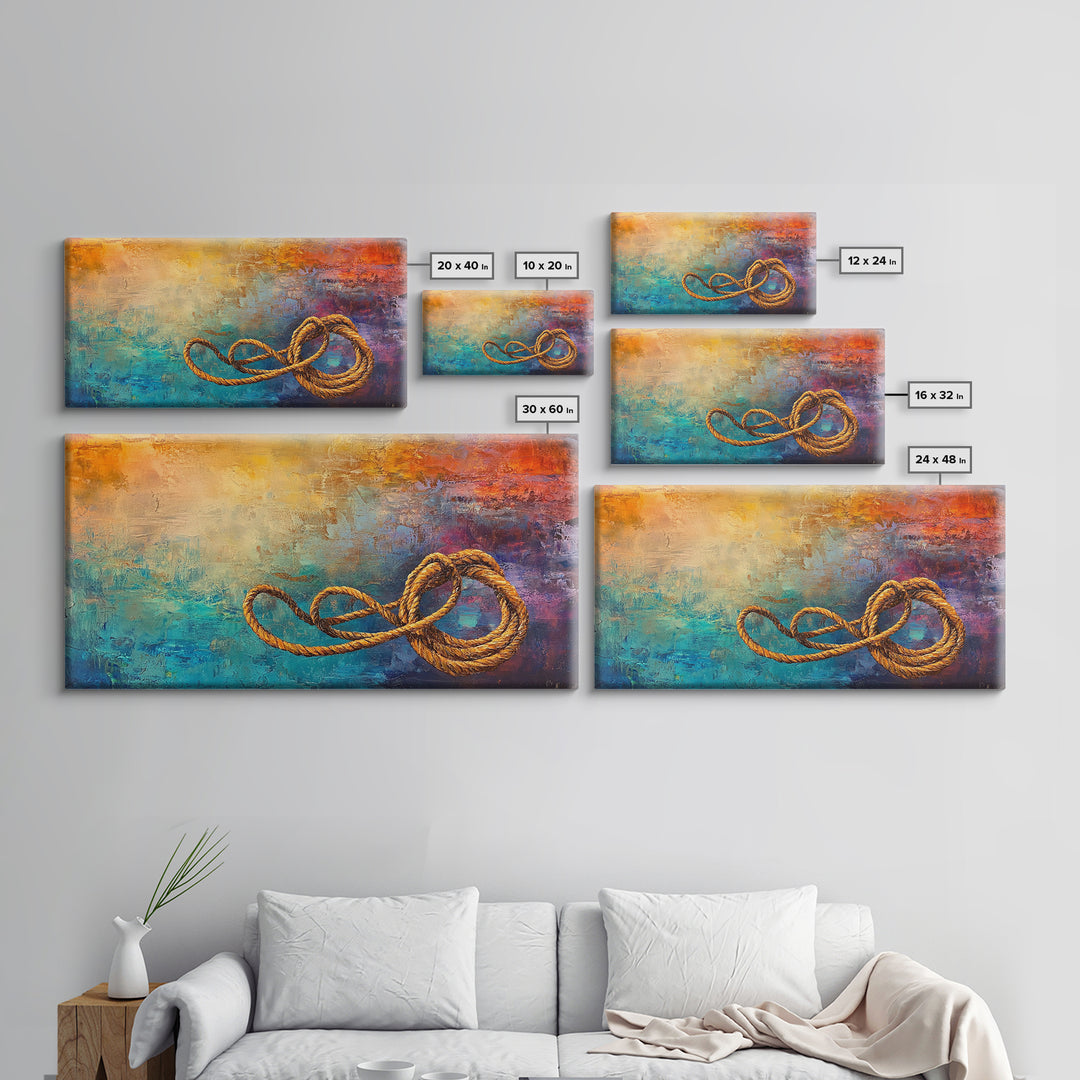 Abstract Rope, warm tones, infinity knot, rustic decor, textured art, extra wide art, Framed Canvas Print, nautical painting