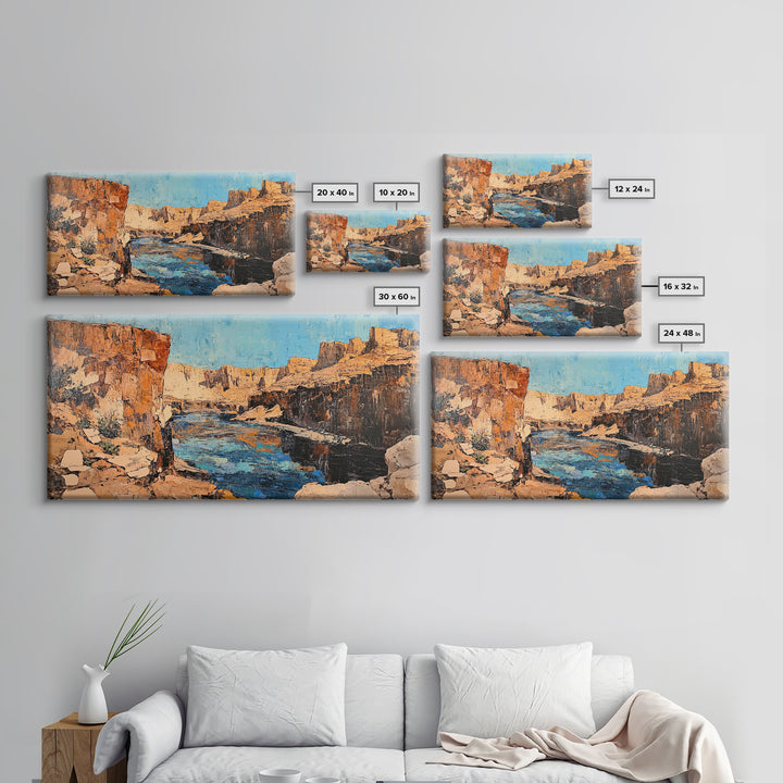 Canyon River, southwest landscape, desert cliffs, textured painting, extra wide art, panoramic art, Framed Canvas Print, rustic decor