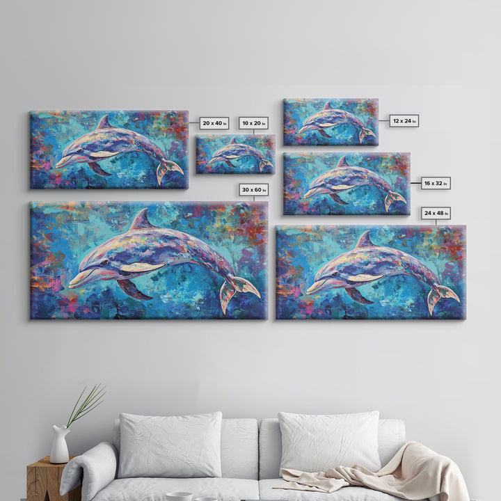 Dolphin Painting, blue and green wall art, coastal decor, nautical painting, framed canvas print, whimsical art, ocean wall art