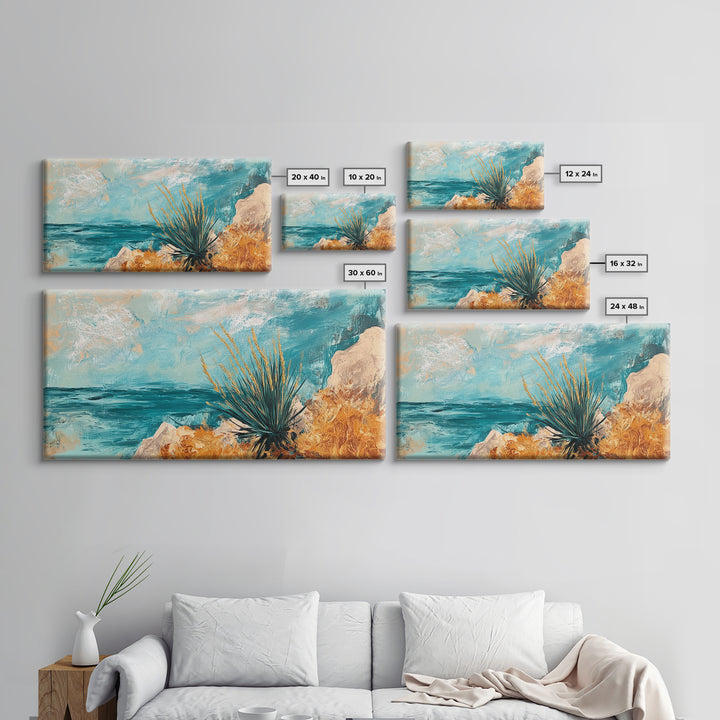 Coastal Desert Painting, agave painting, southwest wall art, Joshua tree art, coastal landscape art, Framed Canvas Print