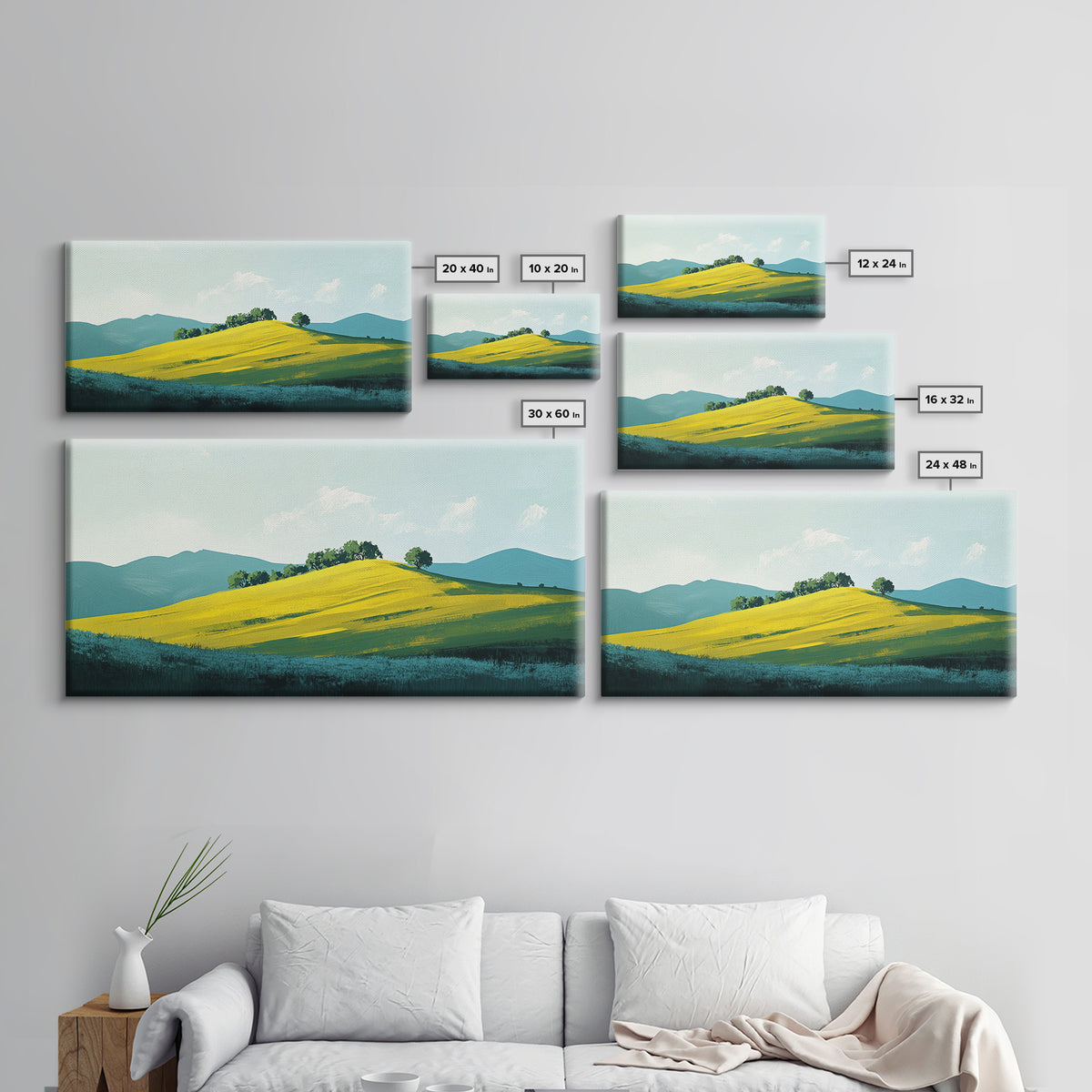 Rolling Hills Landscape, mountain painting, green wall art, countryside art, above couch art, farmhouse art, Canvas Print