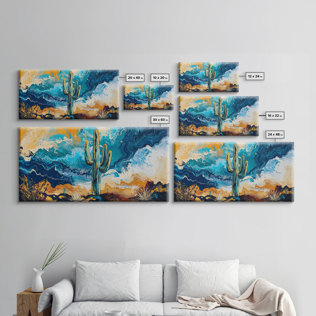 Cactus Desert Art, southwest wall art, Joshua tree art, moody art, rustic decor, extra wide art, panoramic art, Framed Canvas Print