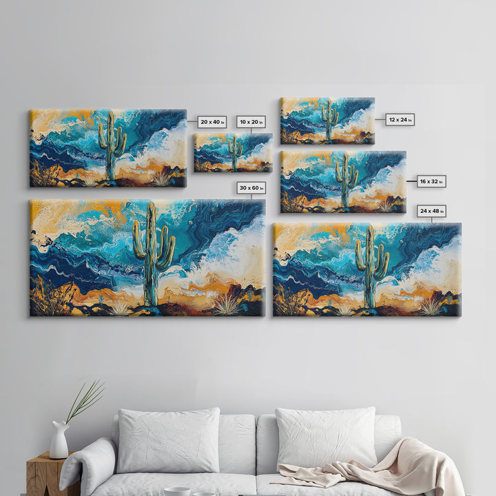 Cactus Desert Art, southwest wall art, Joshua tree art, moody art, rustic decor, extra wide art, panoramic art, Framed Canvas Print