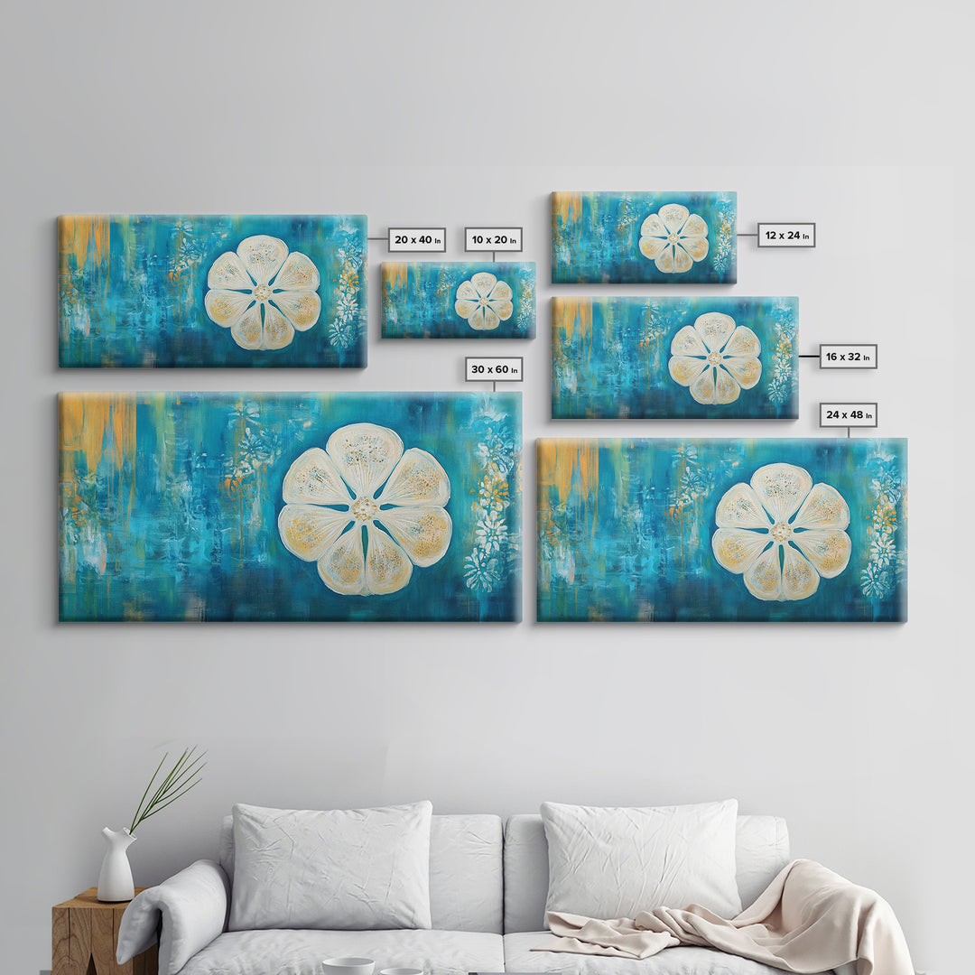 Abstract Floral, Botanical Prints, Coastal Landscape Art, Wabi Sabi Art, Framed Canvas Print, Extra Wide Art, Blue and Gold Wall Art