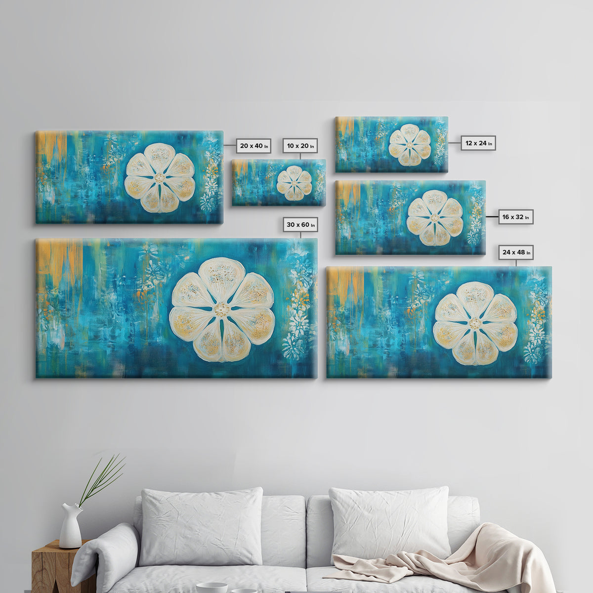 Abstract Floral, Botanical Prints, Coastal Landscape Art, Wabi Sabi Art, Framed Canvas Print, Extra Wide Art, Blue and Gold Wall Art