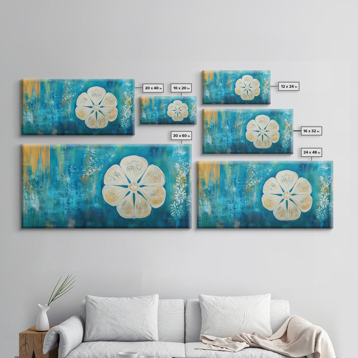 Abstract Floral, Botanical Prints, Coastal Landscape Art, Wabi Sabi Art, Framed Canvas Print, Extra Wide Art, Blue and Gold Wall Art