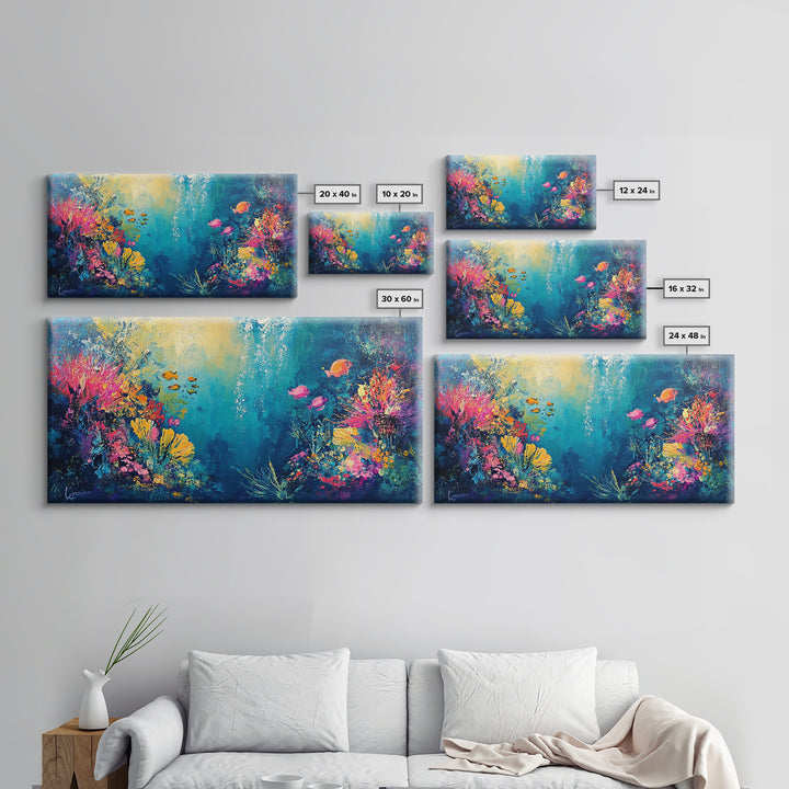 Coral Reef Painting, Coastal Decor, Ocean Wall Art, Nautical Painting, Framed Canvas Print, Underwater Artwork, Marine Life Art