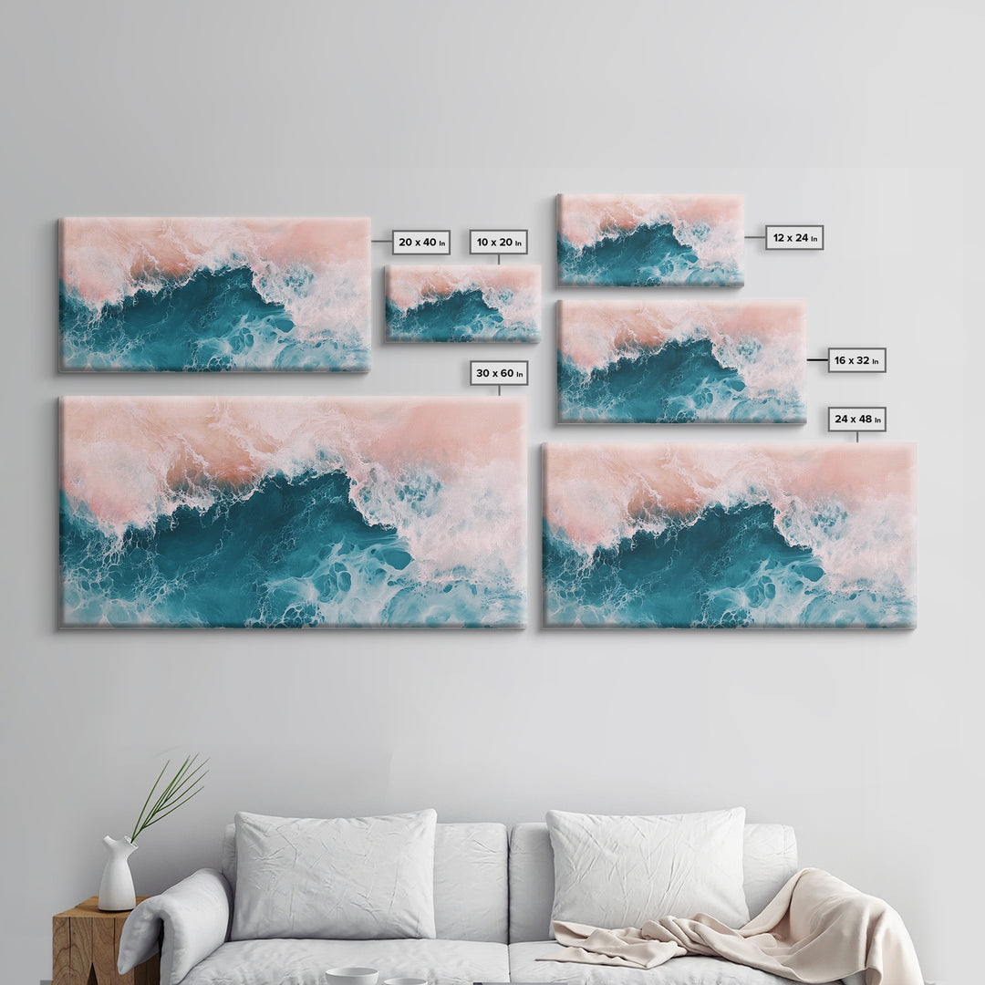 Abstract Ocean, Coastal Landscape Art, Nautical Wall Art, Framed Canvas Print, Teal and Pink Art, Surf Inspired Artwork