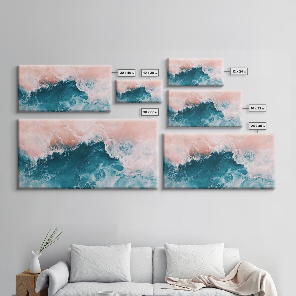 Abstract Ocean, Coastal Landscape Art, Nautical Wall Art, Framed Canvas Print, Teal and Pink Art, Surf Inspired Artwork