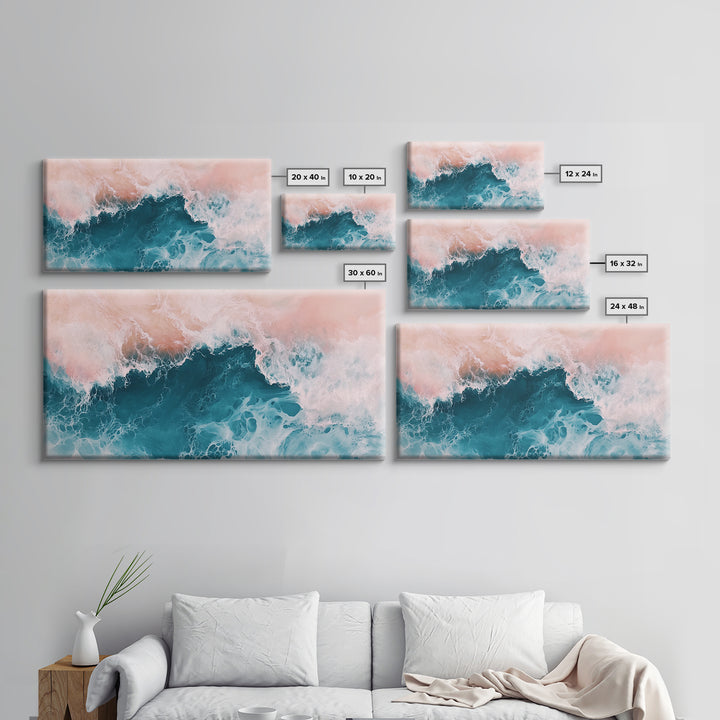 Abstract Ocean, Coastal Landscape Art, Nautical Wall Art, Framed Canvas Print, Teal and Pink Art, Surf Inspired Artwork