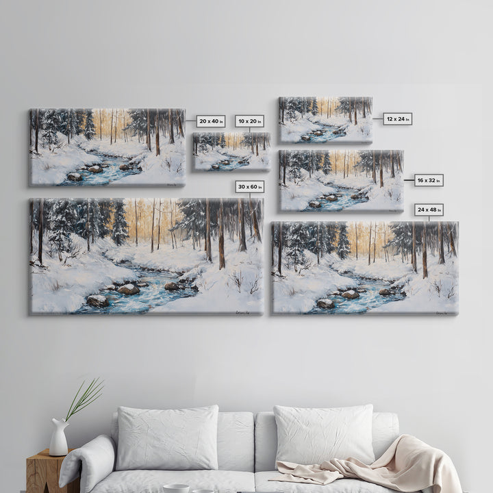 Birch Tree Painting, Snowy River Art, Winter Landscape, Framed Canvas Print, Farmhouse Art, Wabi Sabi Art, Tall Narrow Art