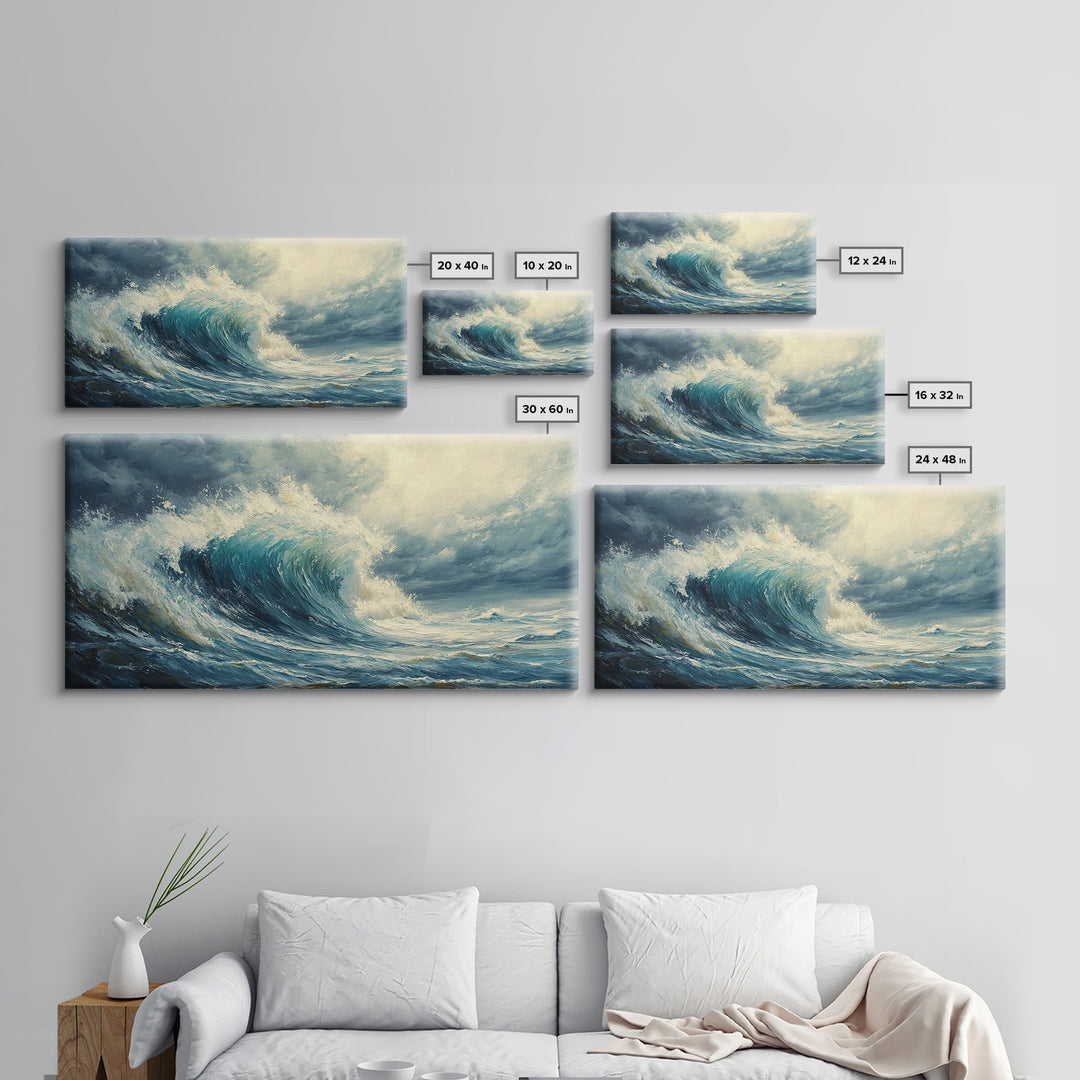 Ocean Wave, Stormy Sea, Coastal Art, Seascape Painting, Nautical Decor, Extra Wide Art, Framed Canvas Print, Living Room Art