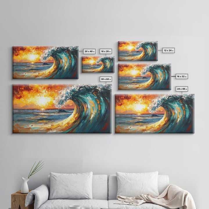 Ocean wave, sunset surf, seascape painting, framed canvas print, surf wall art, nautical painting, coastal decor