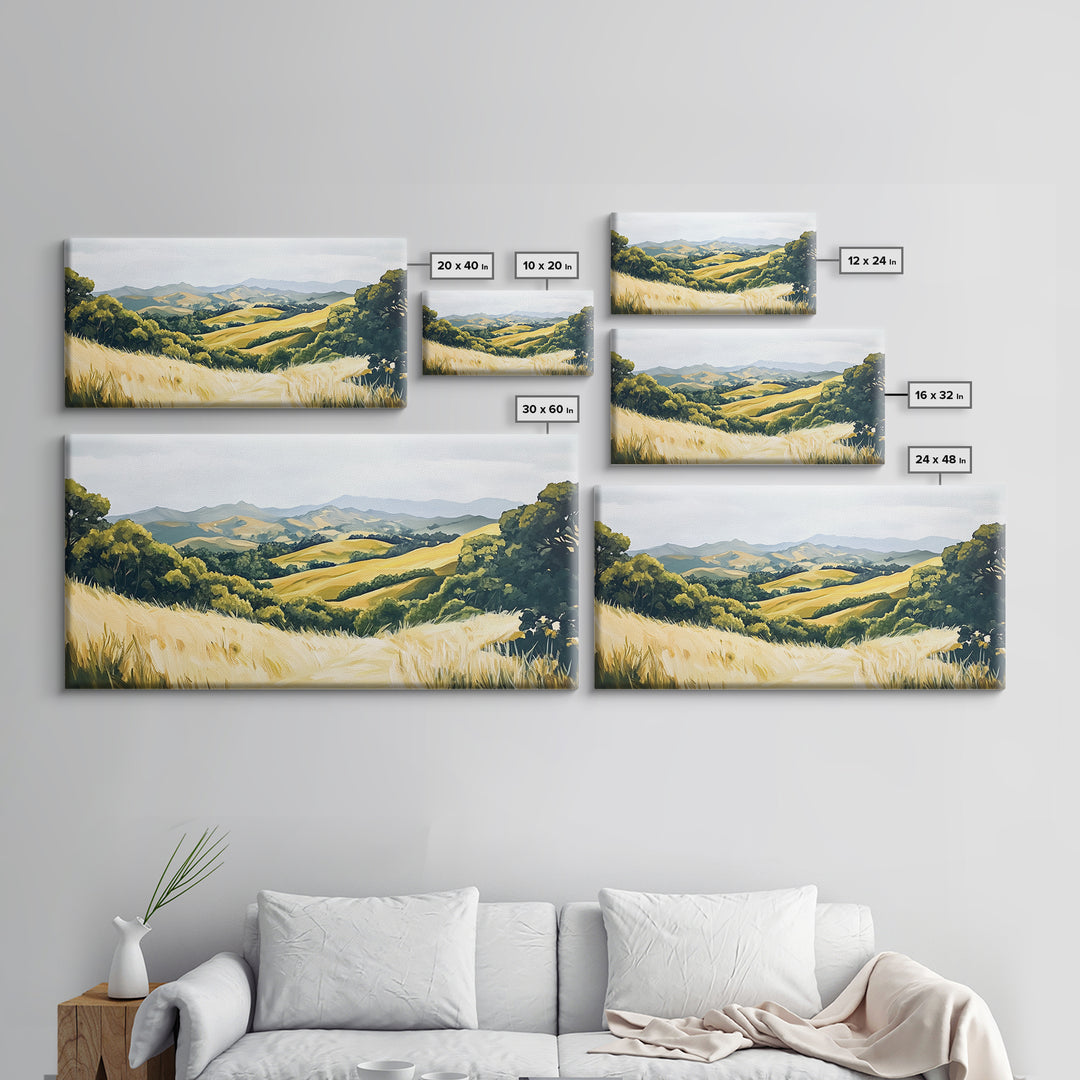 Rolling hills, countryside landscape, panoramic art, framed canvas print, rustic wall art, farmhouse art, sage green wall art
