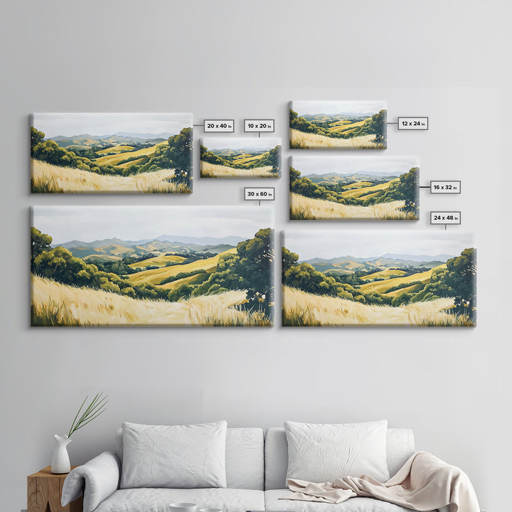 Rolling hills, countryside landscape, panoramic art, framed canvas print, rustic wall art, farmhouse art, sage green wall art