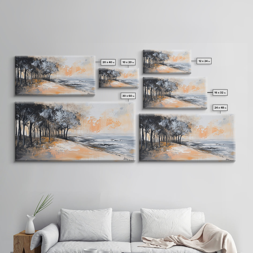 Coastal Landscape, Framed Canvas Print, beach painting, ocean wall art, panoramic painting, extra wide art, above sofa art