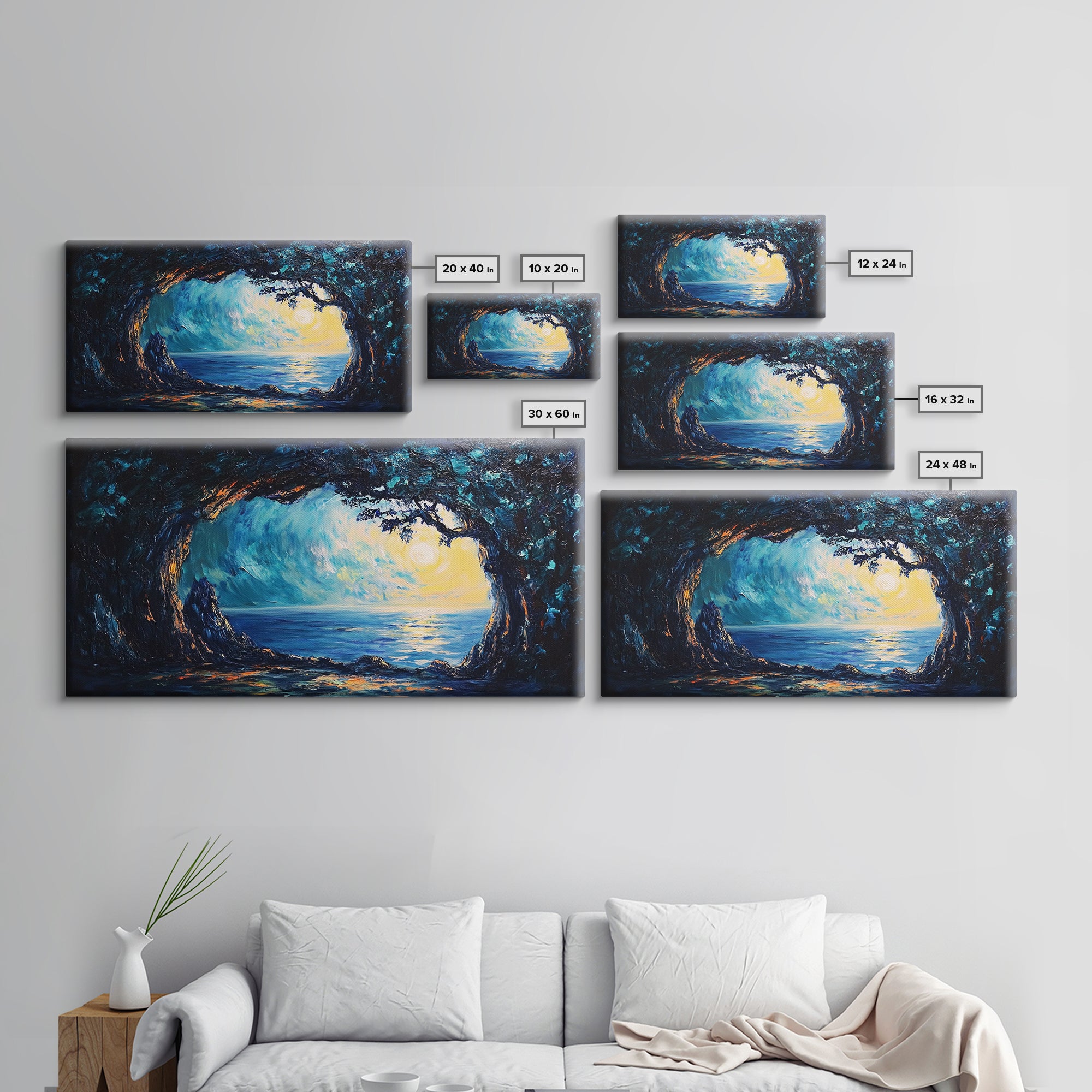 Ocean Cave, Framed Canvas Print, nautical wall art, coastal painting, extra wide painting, seascape painting, panoramic wall art