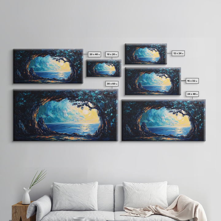 Ocean Cave, Framed Canvas Print, nautical wall art, coastal painting, extra wide painting, seascape painting, panoramic wall art