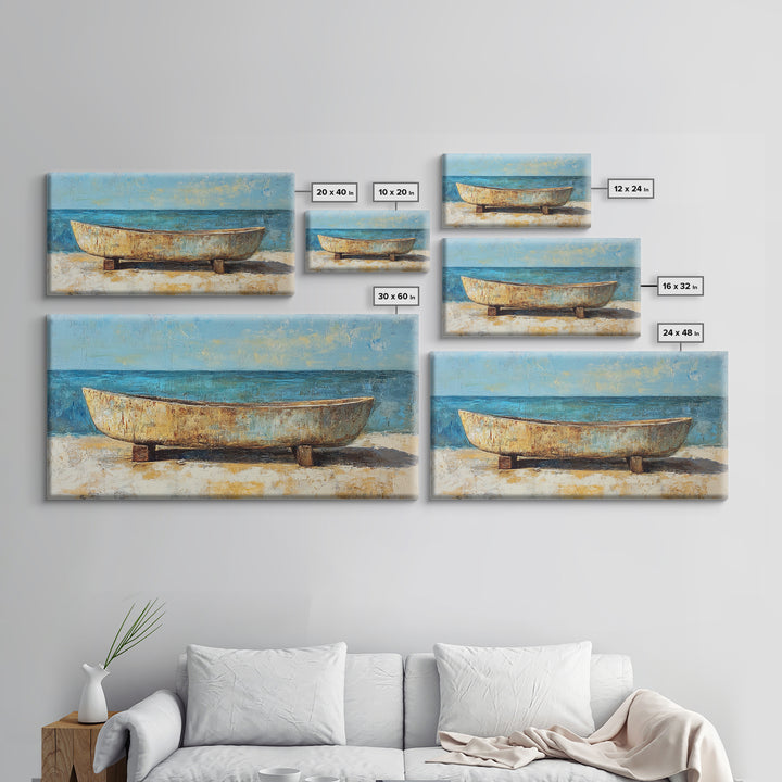 Rustic Boat, Framed Canvas Print, coastal wall art, nautical decor, rustic art, extra wide painting, panoramic painting
