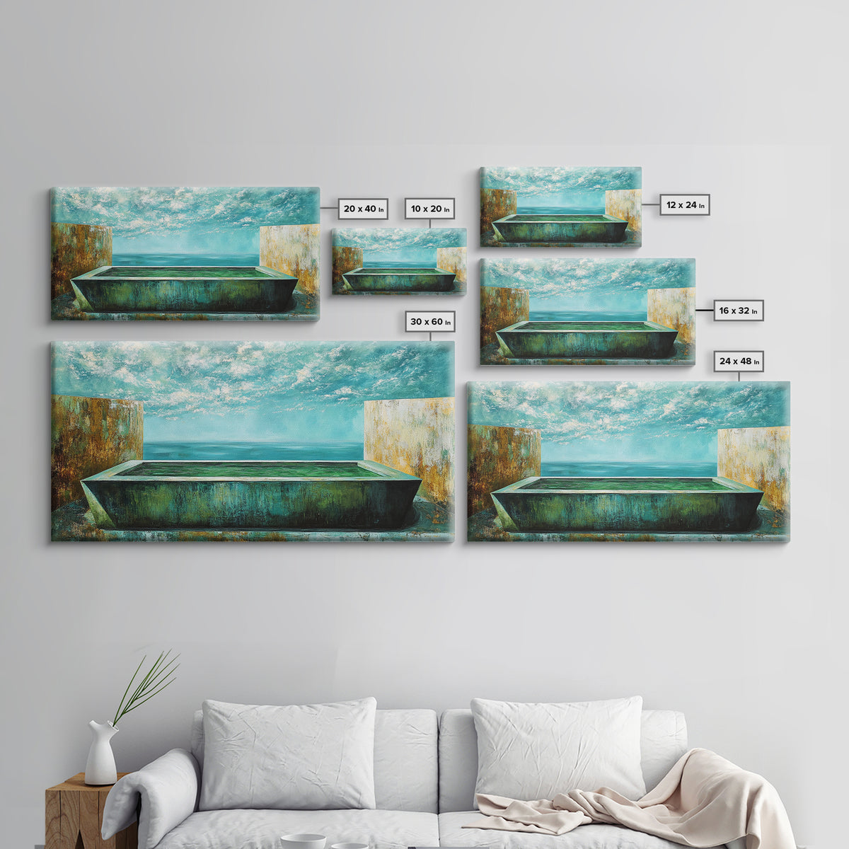 Infinity Pool, Canvas Print, modern landscape art, minimalist decor, extra wide painting, blue and green wall art, contemporary art