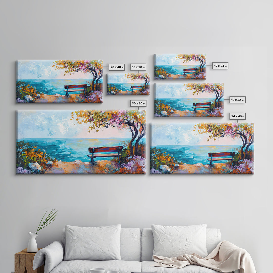 Bench, ocean view, autumn tree, Canvas Print, coastal landscape art, seascape painting, above bed wall art, extra wide art