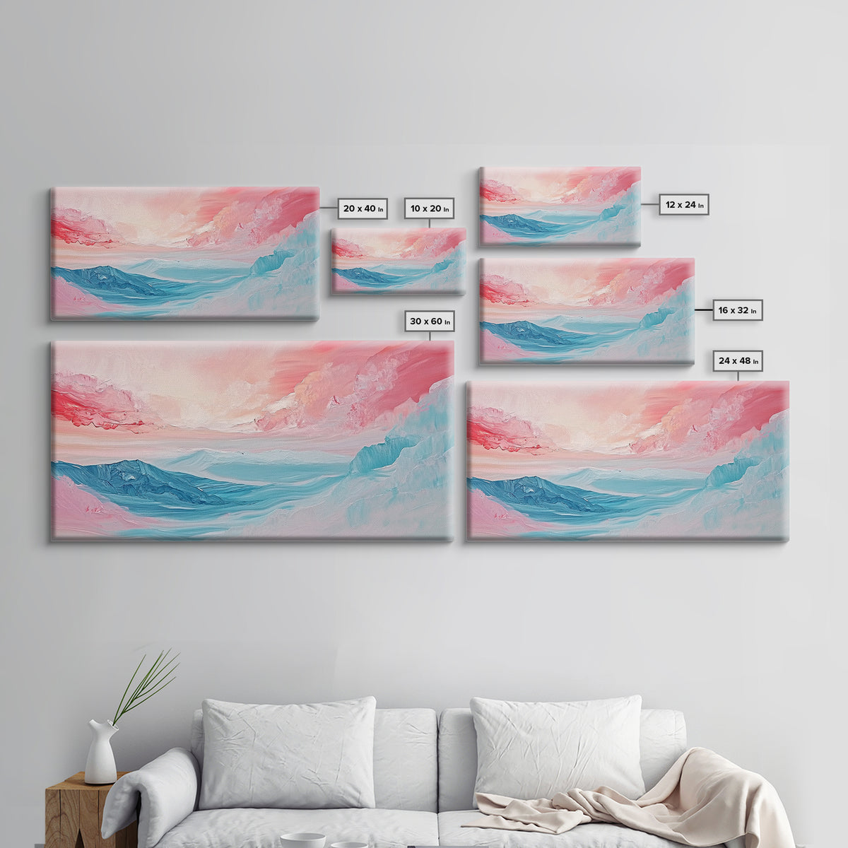 Abstract, pink blue, dreamy sky, Canvas Print, pink abstract art, landscape painting, soft color art, horizontal wall art