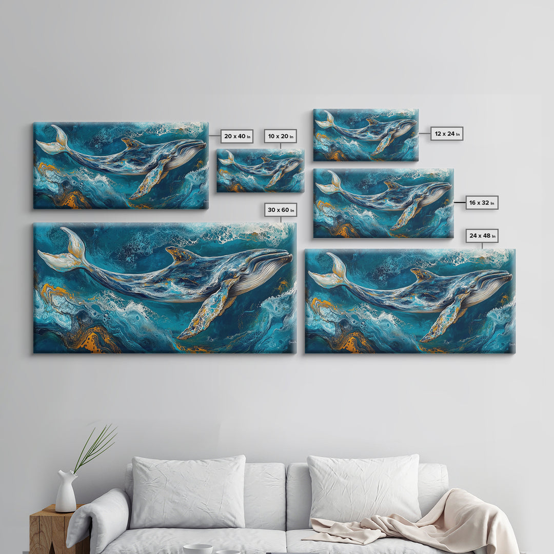 Blue whale, ocean waves, Canvas Print, whale painting, nautical decor, coastal wall art, seascape painting, extra wide art