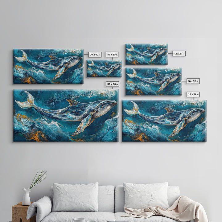 Blue whale, ocean waves, Canvas Print, whale painting, nautical decor, coastal wall art, seascape painting, extra wide art