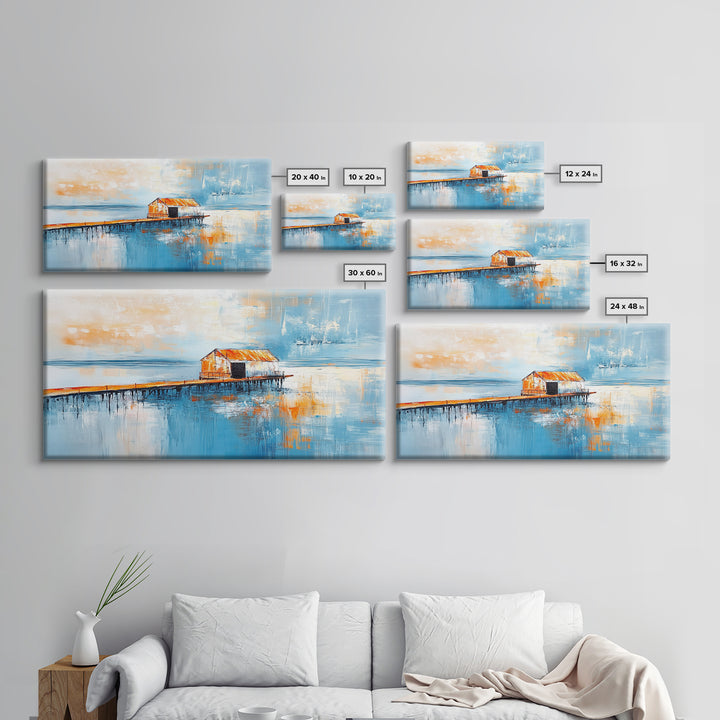 Dock, rustic barn, reflection, Canvas Print, barn landscape oil painting, coastal decor, nautical painting, panoramic art