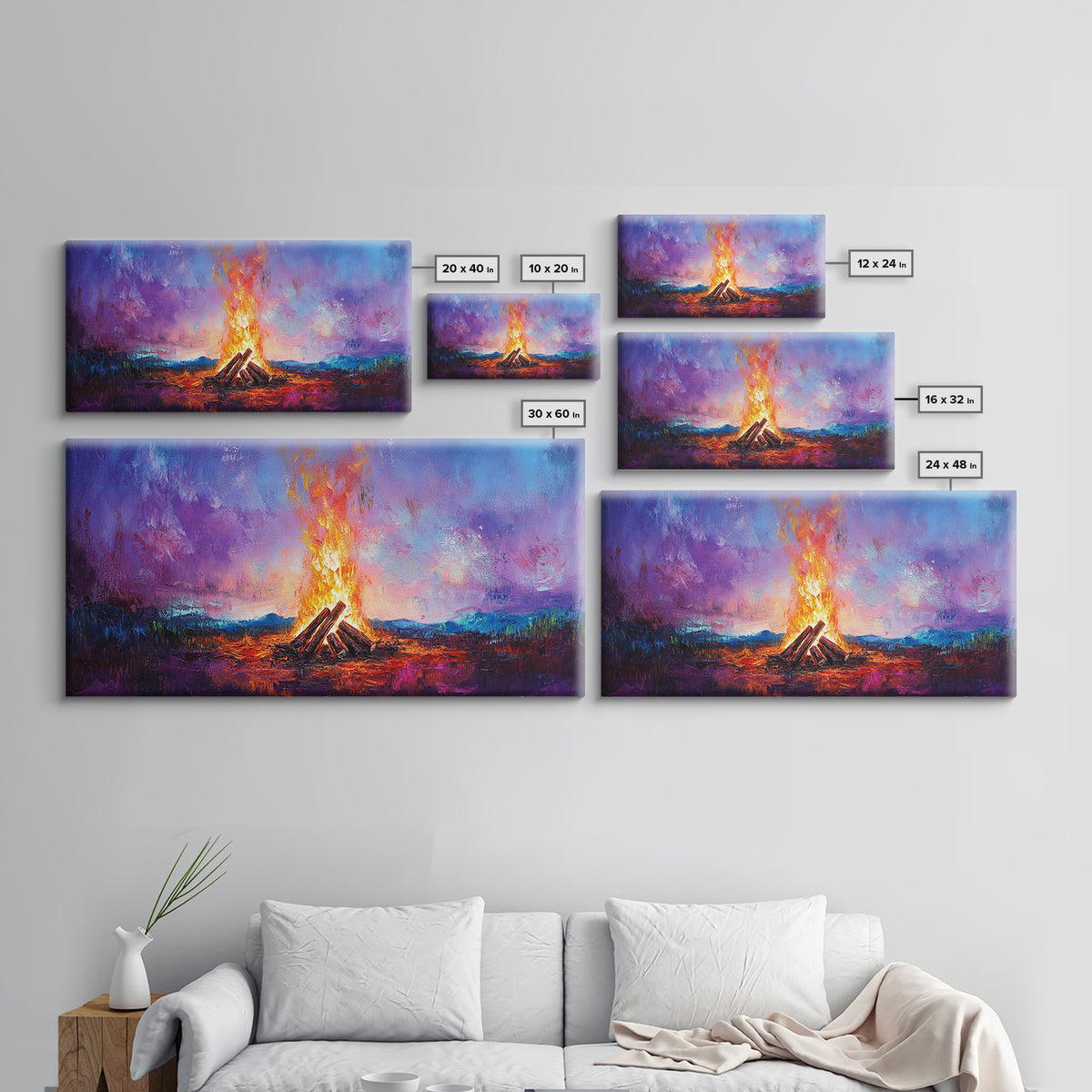 Campfire painting, rustic decor, boho art, mountain painting, cozy fire, scenic landscape, extra wide art, framed canvas print, warm glow