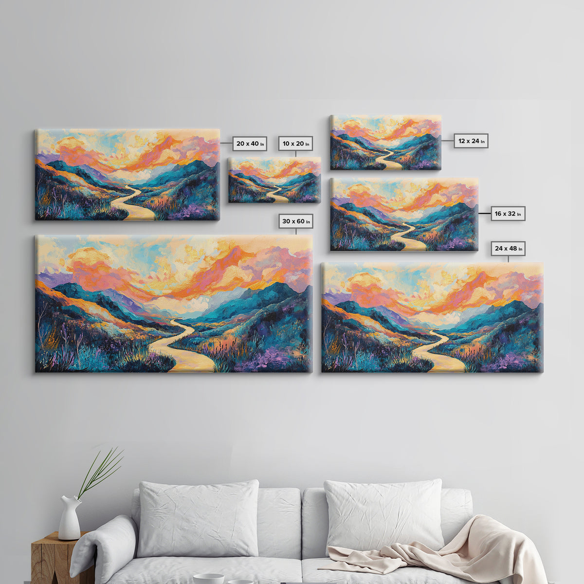 Abstract Landscape, Vibrant Sunset, Mountain Painting, Canvas Print, Extra Wide Art, Panoramic Art, Bedroom Art, Above Sofa Art